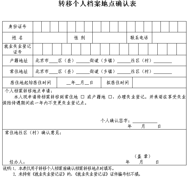 转移个人档案地点确认表