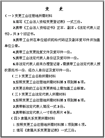 文本框: 变    更
（一）变更工会注册地所需材料
1.填写《工会法人资格变更登记表》一式三份。
2.携带《工会法人资格证书》正本、副本，《法定代表人证书》，共3个旧证书。
3.携带工会所在单位组织机构代码证及副本复印件并加盖单位公章。
4.携带工会变更批复文件及复印件一份。
5.携带工会法定代表人身份证及复印件一份。
6.非法定代表人前来办理登记者，需携带工会法定代表人授权委托书一份、经办人身份证及复印件一份。
（二）变更工会名称所需材料
1.按照变更工会注册地所需材料第1项到第6项。
2.变更名称的工会在变更表格上需加盖工会新章。
（三）变更工会法定代表人所需材料
1.按照变更工会注册地所需材料第1项到第6项。
2.携带新法定代表人简况一式3份。
3.携带新法定代表人一寸彩色照片4张。
（四）隶属关系变更所需材料
1.按照变更工会注册地所需材料第1项到第6项。
2.填写《隶属关系变更登记表》一式三份。
